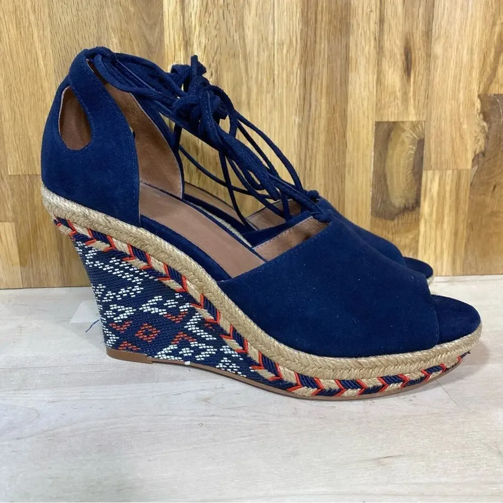 Cabi Isla Espadrille Wedge Sandals Ankle Wrap Navy Suede 6